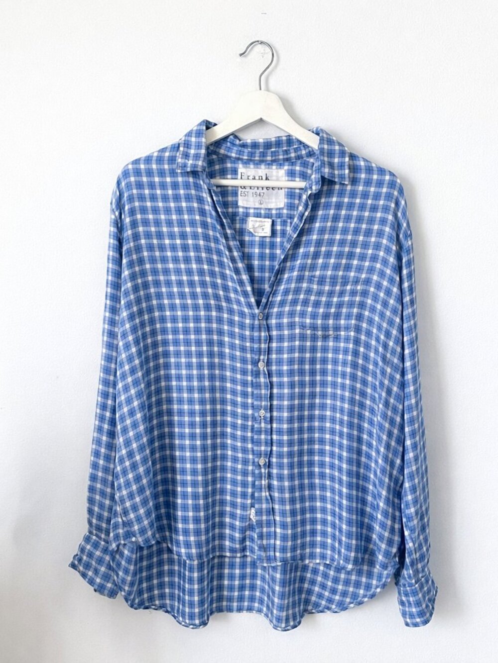 Frank & Eileen Eileen Relaxed Button Up Shirt Blue Plaid Check 100% Modal Size L - Picture 2 of 7